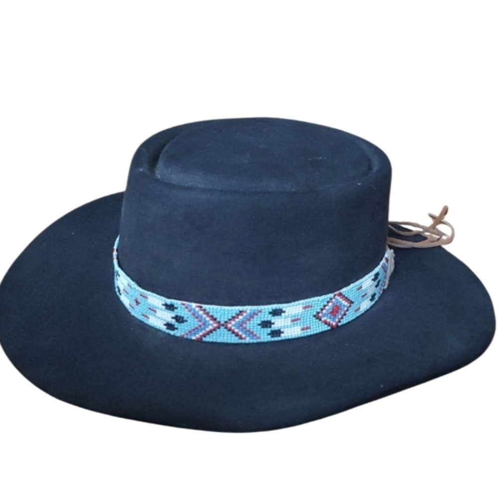 Beckers Black Felt Wide-Brim Hat with‎ Removeable Beaded Band Authentic Outback